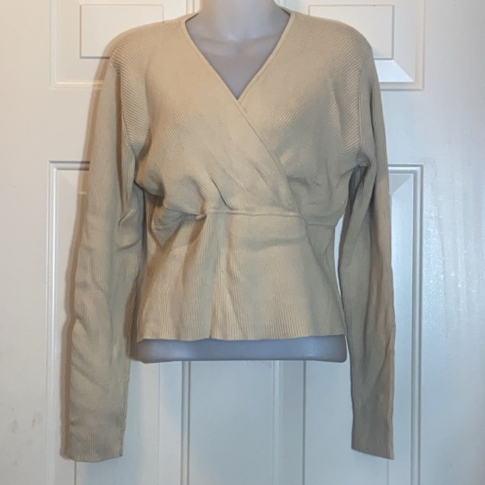 Melrose Studied Cream Ribbed Wrap Blouse-Sweater Size L